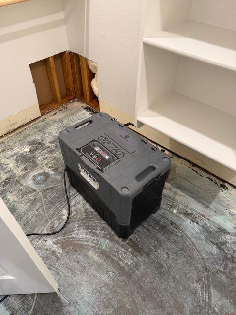 Our bathroom closet at The Beverly after the HVAC closet leak: flooring stripped, drywall cut open, dehumidifier running